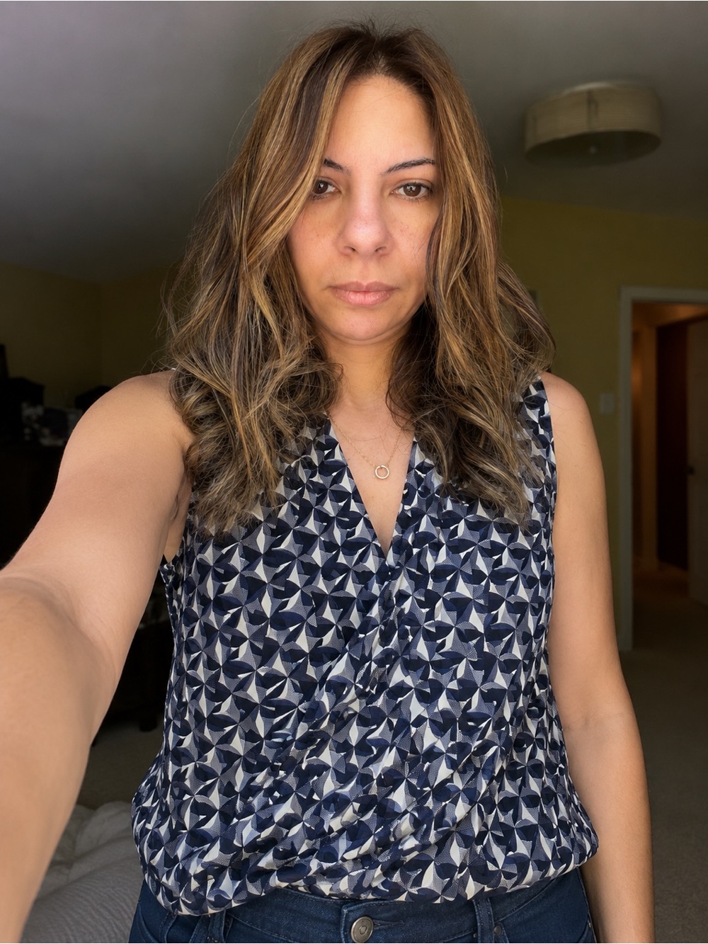 Banana Republic Navy and White Geometric Sleeveless V-Neck Camisole